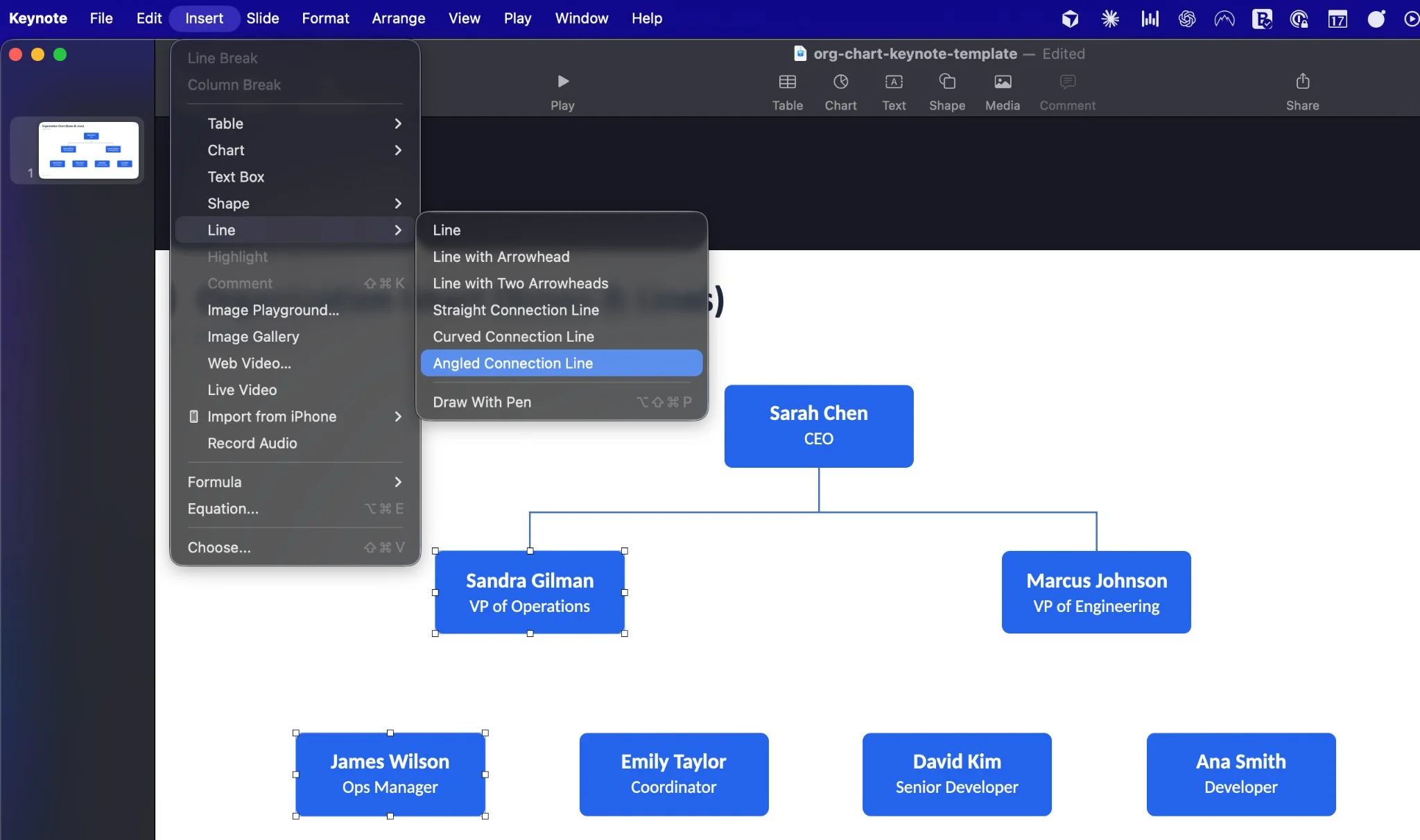 Keynote Insert menu showing connection line options