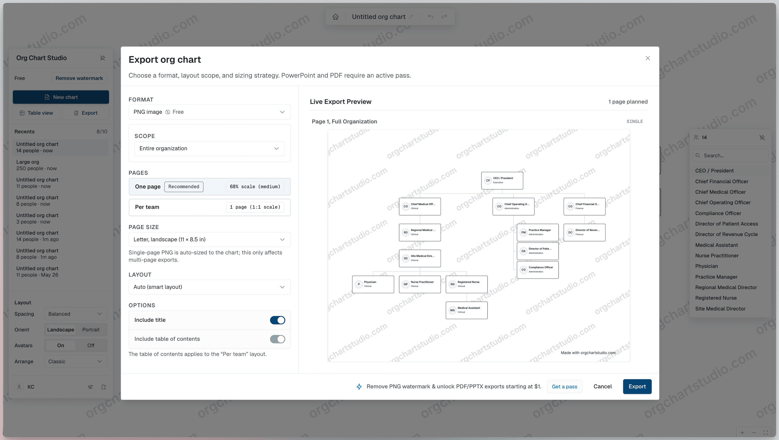 Org Chart Studio's live export preview, showing the rendered output and a choice between a single page or a per-team multi-page deck with a table of contents