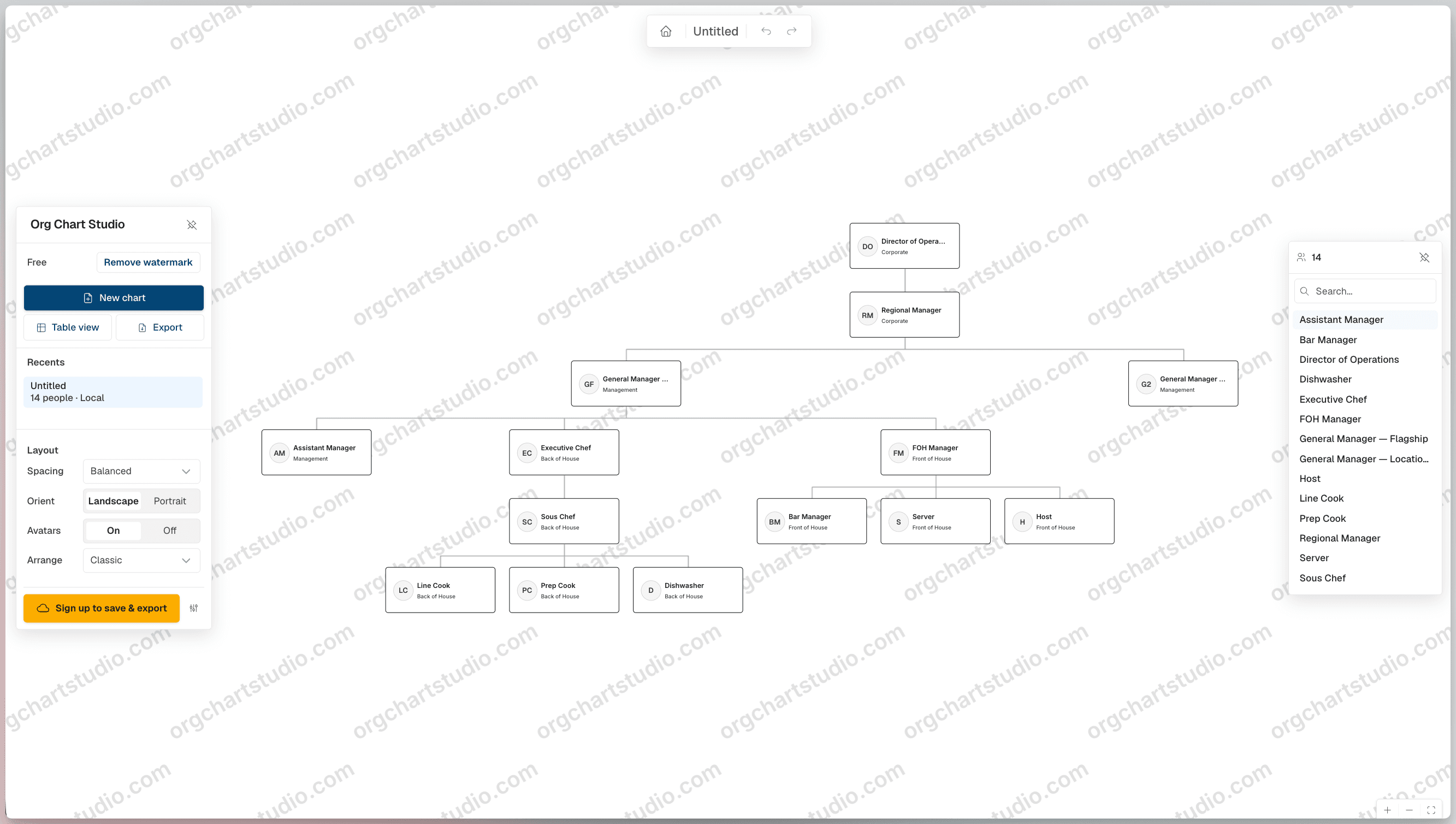 Org Chart Studio's layout controls: spacing presets, landscape or portrait orientation, and branch arrangement, beside a chart on the canvas