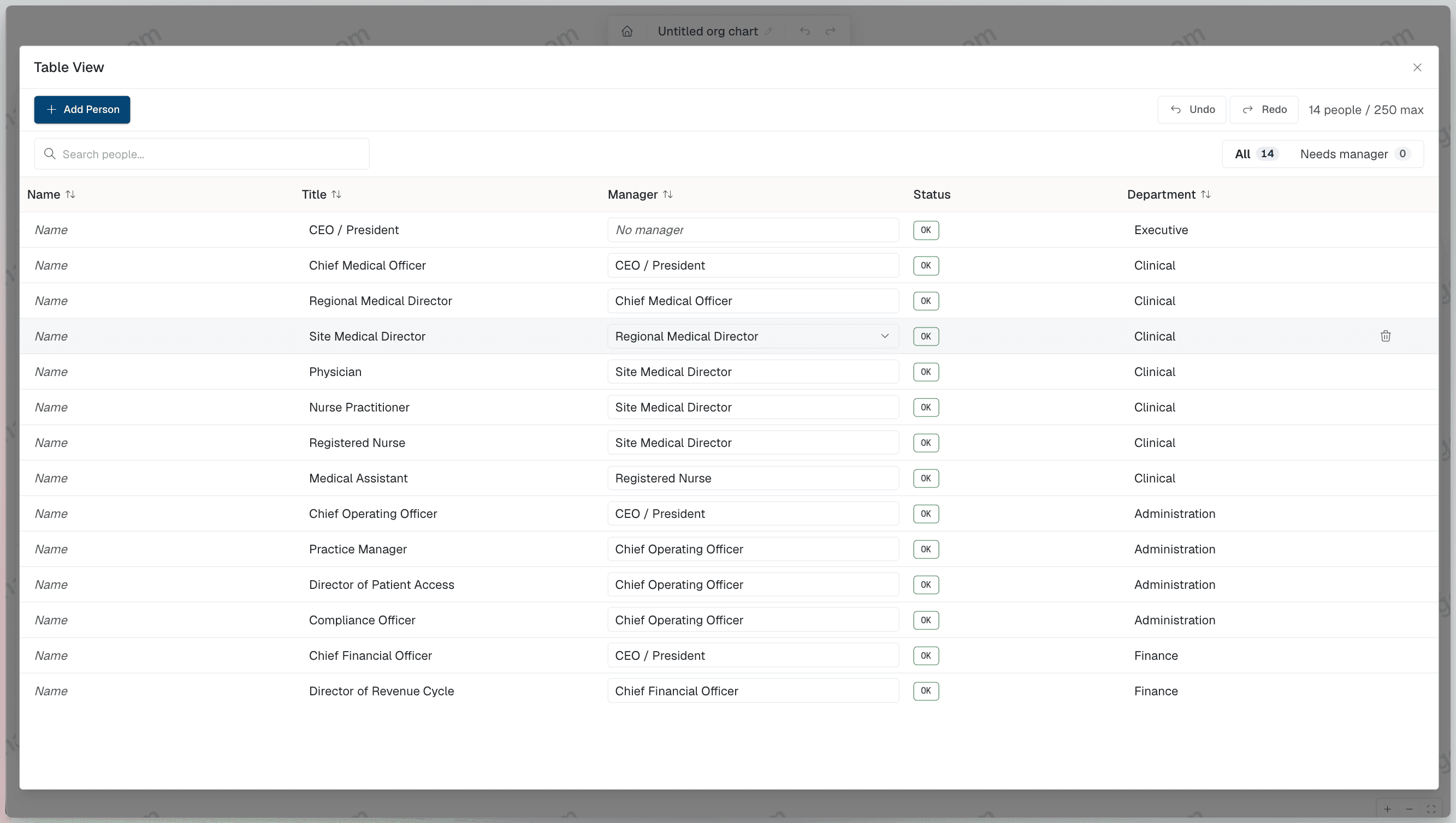 Org Chart Studio's Table View, where every row shows an import status such as OK or Needs manager, fixed in the app rather than the source file